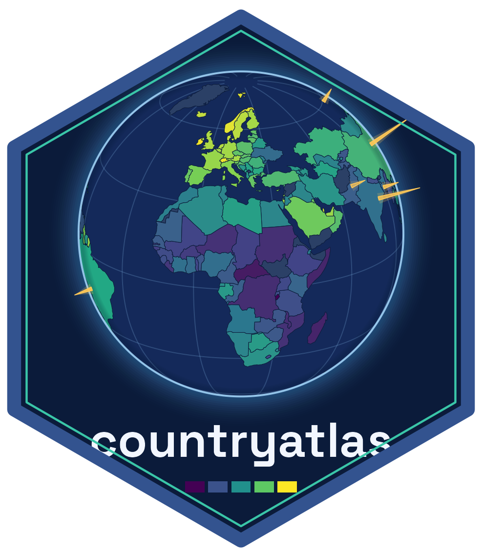 countryatlas hex logo: an orthographic globe choropleth with population spikes rising off the horizon